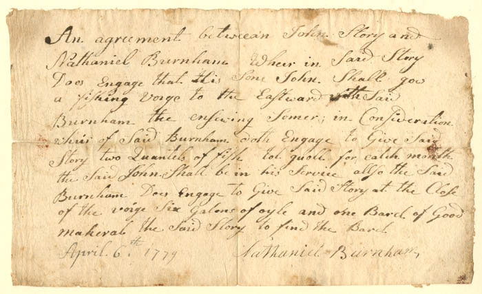 1779 Agreement for Loan - April 6, 1779 - Agreement to Loan Son for a Fishing Voyage for 6 Galons of Oyle & 1 Barel of Makeral.
